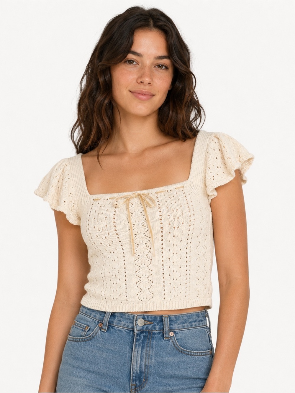 Haute Hippie Style Ivory Cotton Pointelle Babydoll Crop Top Medium